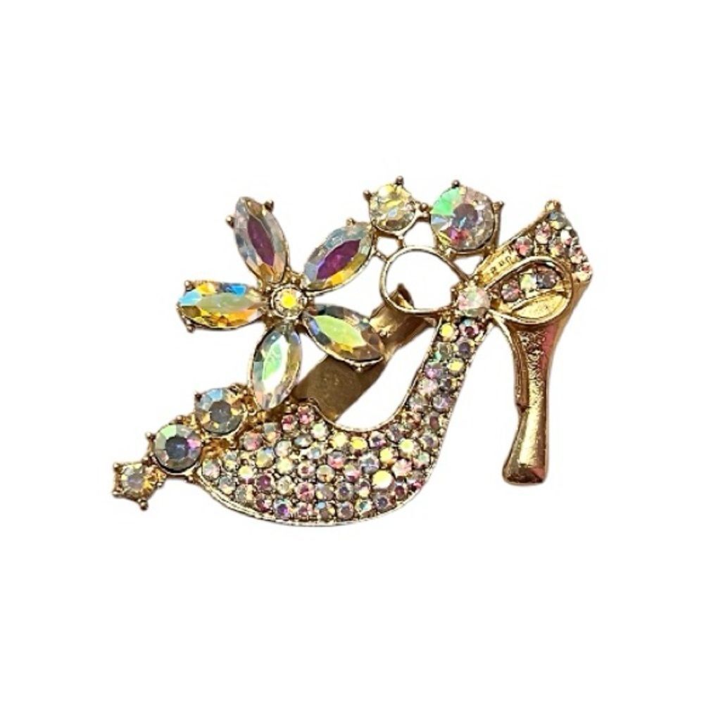 White Iridescent Crystal High Heel Gold Brooch